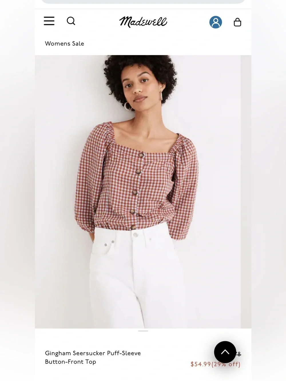 Madewell- Gingham Seersucker Puff-Sleeve Button-Front Top